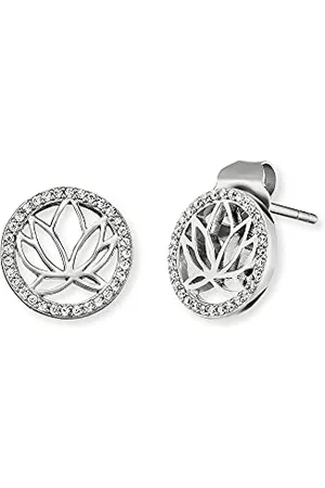 Engelsrufer Damen-Ohrstecker mit Lotusblumen Motiv und 64 weißen Zirkonia Steinen verziert, aus Sterling Silber, Durchmesser: 1,1 cm, ERE-Lotus-ZI-ST