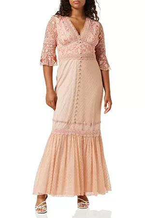 Frock and Frill Damska haftowana sukienka z koronkowym detalem, specjalne okazje, Brzoskwinia, 40