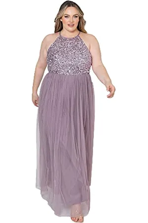 Maya Deluxe Damska sukienka maxi Maya zdobiona wiązaniem szyi dla druhny, nastrojowy liliowy, 24