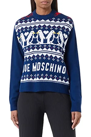 Moschino Damski regularny krój, długi rękaw, okrągły dekolt z napisem "Allover Love Hearts" Penguins Jacquard Intarsia Front and Back Pullover, , 46