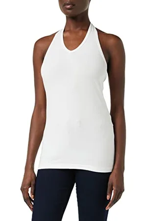 Build Your Brand Damski Top Ladies T-shirt z wiązaniem na szyi, koszulka dla kobiet, bez rękawów, dostępny w kolorze czarnym lub białym, rozmiary XS - XL