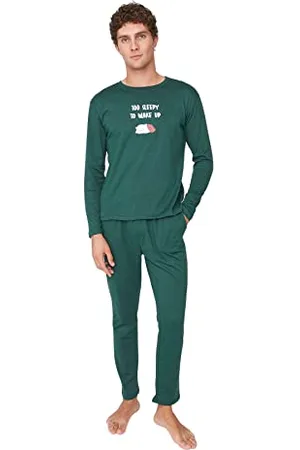 Trendyol Mężczyzna z sloganem Cienka dzianina T-shirt-spodnie Zestawy piżam, , L