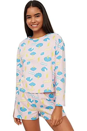 Trendyol Kobiety z sloganem Middle Knit T-Shirt - krótki zestaw piżamowy, Proszek, S