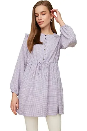 Trendyol Damska tunika bez okrągły kołnierz Gingham Teaser tunika tunic shirt, fioletowa, 42