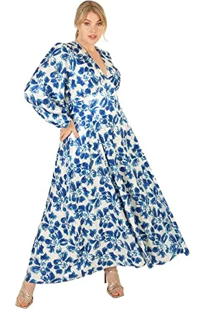 Lovedrobe Sukienka damska dla kobiet w rozmiarze plus size dekolt w serek maxi długi rękaw pasek wiązany biskup kwiatowy wzór na imprezę biurową, , 48