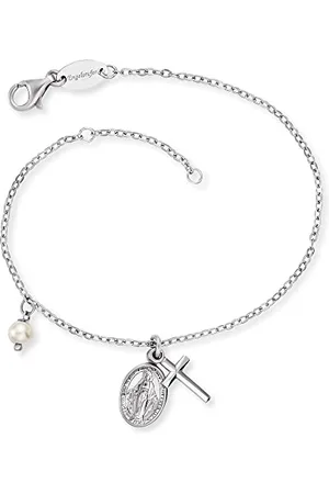 Engelsrufer Damen Armband aus Sterling Silber mit Kreuz und Maria Symbol und Muschelperlen Anhänger - Karabinerverschluss - in zwei Längen verstellbar - nickelfrei