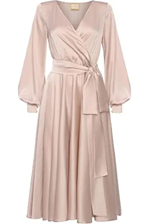 Swing Damska sukienka midi | elegancka sukienka odświętna sukienka na imprezę, suknia wieczorowa, suknia ślubna, sukienka balowa, dekolt w serek, długi rękaw, , S