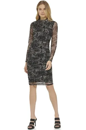 DKNY Damska sukienka z długim rękawem z okrągłym dekoltem, z siateczką, czarna, wielokolorowa, M, , M