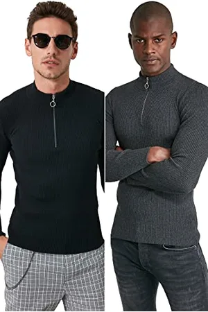 Trendyol Męski sweter z zamkiem błyskawicznym Black-Anthracite Slim Fit Half Fisherman Zipper Collar 2 szt. w opakowaniu M