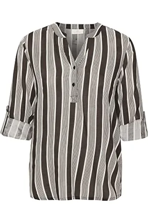 Kaffe Damska koszula w paski 3/4 Sleeve V-Neck Casual, Brązowy/Chalk Stripe, 34
