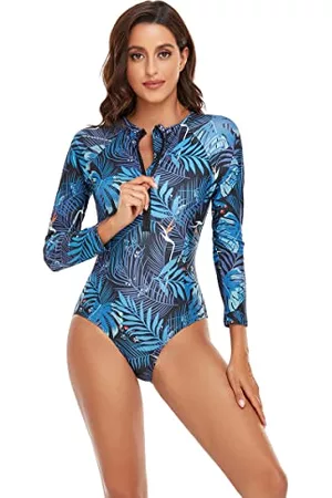 LITTLE HAND Kobieta Bikini na Zamek - Damski kostium kąpielowy z nadrukiem 1 szt. na zamek błyskawiczny z długim rękawem, ochrona plażowa Rash Guard Surfing (Aniebieskie uliczki,L), Niebieskie liście, L