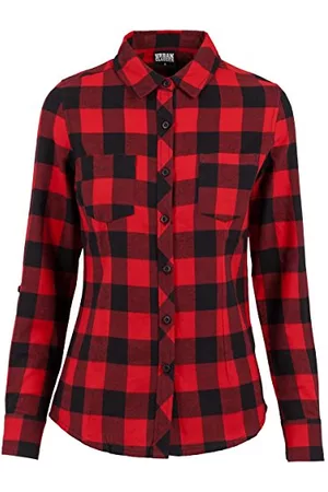 Urban classics Kobieta Koszule Flanelowe - Damska koszula damska w kratkę, flanelowa koszula, damska koszula drwala z długim rękawem, dostępna w wielu kolorach, rozmiary XS-5XL, Blk/Red, XL