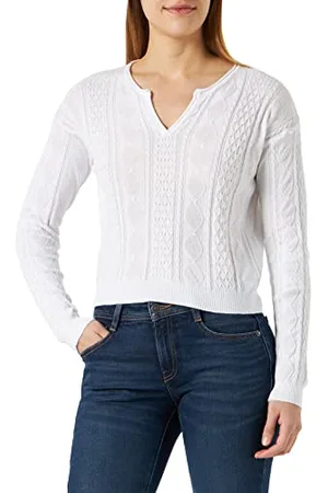 Blauer Damski sweter z dzianiny, okrągły dekolt, 100 biel optyczna, 38, , 44