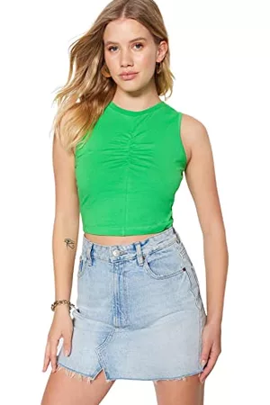 Trendyol Kobieta T-shirty ze Stójką - Damska bluzka z dzianiny ze stójką, zielona, M, ZIELONY, M