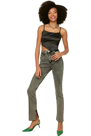 Trendyol Damskie szare wsuwane dżinsy z wysokim stanem Slim Flare, , 62
