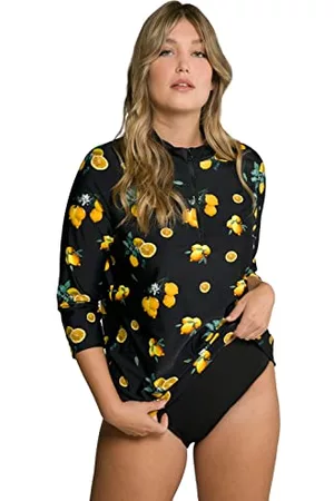 Ulla Popken Kobieta Bikini na Zamek - Damska koszulka UV, cytryna, LSF 50+, zamek błyskawiczny, stójka, bikini z rękawami 3/4, Black Beauty (kolor zapasowy), 50/52
