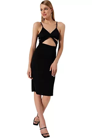 Trendyol Kobieta z Dekoltem w Serek - Damska sukienka z dzianiny midi bodycon, czarna, 34, Czarny, 32