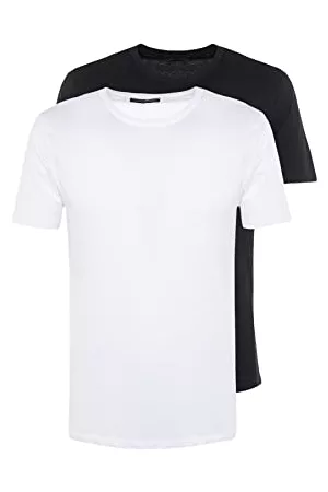Trendyol Mężczyzna T-shirty z Długim Rękawem - Męska męska koszulka z dzianiny z okrągłym dekoltem, Czarny - biały, M