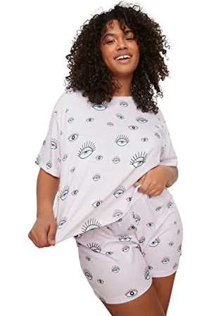 Trendyol Damski gładki dzianinowy T-shirt krótki zestaw piżam plus size, , 4XL duże rozmiary
