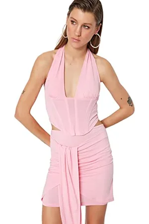 Trendyol Damska dopasowana bluzka basic z dekoltem w serek, , 32