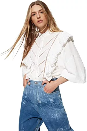 Trendyol Kobieta T-shirty ze Stójką - Damska koszula z regularnym kołnierzem ze stójką, Ecru, 66