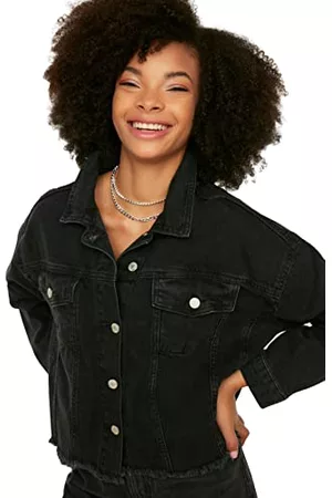 Trendyol Kobieta Kurtki jeansowe - Damska spódnica z frędzlami kurtka dżinsowa Skirt Tip Tassels Crop Denim Jacket, czarna, czarny, S