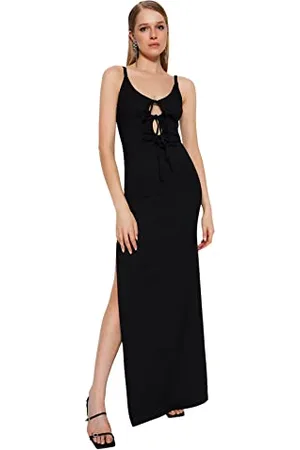 Trendyol Damska sukienka maxi, dopasowana, tkana, suknia wieczorowa, czarna, 40, , 66