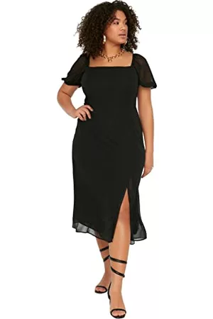 Trendyol Kobieta Sukienki Dzienne - Damska sukienka midi o linii A, regularna, plus size, czarna, 5XL, Czarny, 5XL