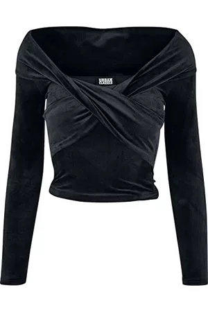 Urban classics Kobieta Bluzki Aksamitne - Damska aksamitna koszulka z długim rękawem ze skrzyżowanymi ramionami, Czarny, XS