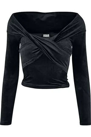 Urban classics Kobieta Bez ramiączek - Damska koszulka z długim rękawem Velvet Rib Crossed Off Shoulder, czarny, 5XL