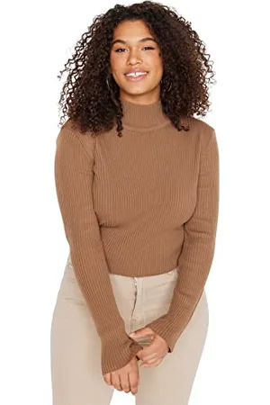 Trendyol Kobiety Plus Size Regular Fit Basic High Neck Dzianina Plus Size Sweter, Mink,2XL, , XXL