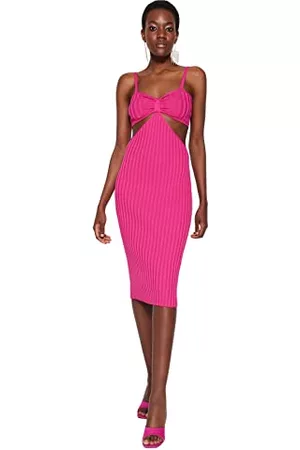 Trendyol Kobieta z Dekoltem w Serek - Damska sukienka midi bodycon dopasowana dzianina, różowa, 40, różowy, 38