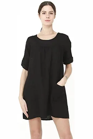 Bonateks Sukienka damska 100% lniana Made in Italy, Krótka sukienka z okrągłym dekoltem z zapinanymi na długie kieszenie i rękawy, czarna, rozmiar: L, , L