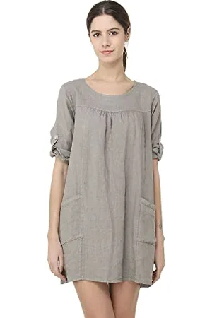 Bonateks Sukienka damska 100% lniana Made in Italy, Krótka sukienka z okrągłym dekoltem z zapinanymi na długie kieszenie i rękawy, Desert, Rozmiar: XL, , XL