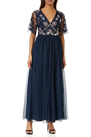 Maya Deluxe Damska sukienka maxi, ozdobiona siateczką, trapezowa, dekolt w serek, dla gości weselnych, druhny, na bal, , 38