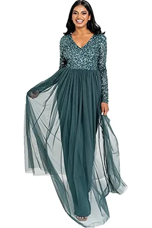 Maya Deluxe Damska sukienka damska rękaw na wesele dla gości V dekolt wysoki imperium stan maxi długa długość wieczorna sukienka balowa dla kobiet, Emerald Green, 40