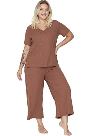 Trendyol Damski gładki dzianinowy T-shirt - spodnie plus size piżama zestaw, , 3XL duże rozmiary