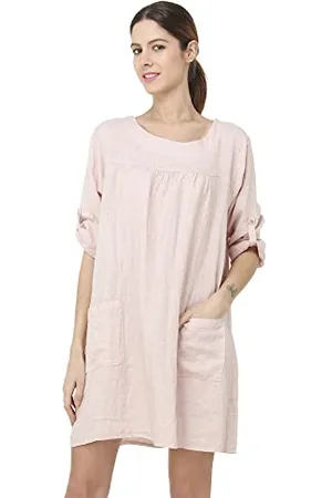 Bonateks Sukienka damska 100% lniana Made in Italy, Krótka sukienka z okrągłym dekoltem z zapinanymi na długie kieszenie i rękawy, różowa, rozmiar: XL, , XL