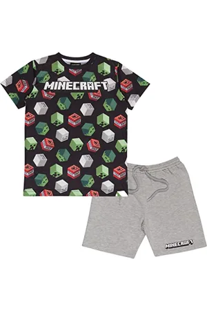 Popgear Minecraft 3D Creeper TNT Skeleton Zombie Shorts and T-Shirt Set, Kids, 7-13 Years, Black/Heather Grey, Official Merchandise
