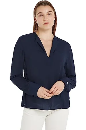 Tommy Hilfiger Wiskoza Krepa Dekolt W Szpic Bluzka LS Desert Sky, , 70