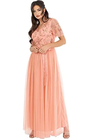 Maya Deluxe Damska sukienka maxi, balowa, dla gości weselnych, z wybiciem, talią, dekoltem w serek, dla panny młodej, na wieczór, imprezę, sukienka, Apricot Blush, 34