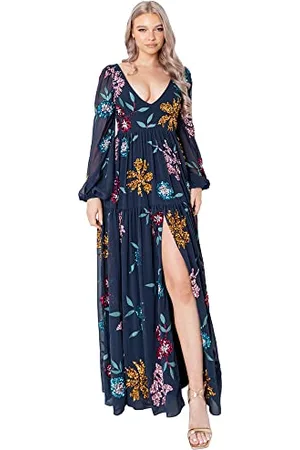 Maya Deluxe Damska sukienka maxi ze slit Long Sleeve Bishop V Neckline Floral Embellishment for Special Occasions Balowa sukienka, , 36