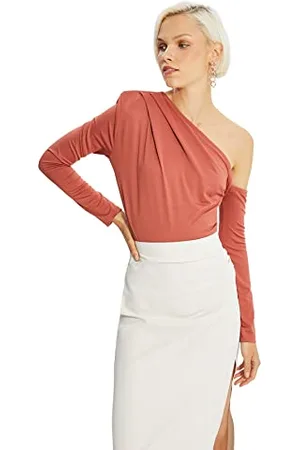 Trendyol Damska bluza damska, drapowana, szczegółowa, dzianina, prosta, pomarszczona, drapowana, szczegółowa, środkowa dzianina, , L