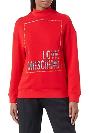 Moschino Damska bluza z wysokim dekoltem z logo z błyszczącym nadrukiem, czerwona, 40, , 40