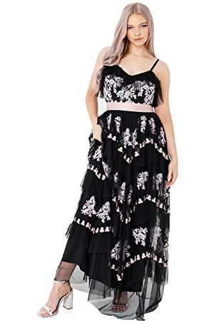 Maya Deluxe Damska Sukienka Maxi Tiered Floral Embroidery V Neckline Bow Tie High Stan Cami Frilly Stripes Sleeveless Czarna Sukienka Kobiety, , 32
