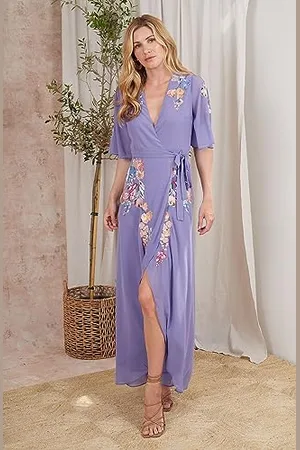 HOPE & IVY Damska sukienka maxi z haftowanym rękawem z wiązaniem w talii na specjalne okazje, , 42
