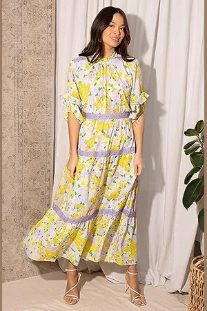 HOPE & IVY The Nina sukienka maxi z wysokim dekoltem i rękawami z koronkowymi wykończeniami, żółty i liliowy, UK14, , 40
