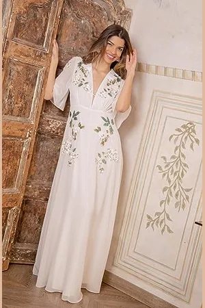 HOPE & IVY Maddie zdobiona sukienka maxi z trzepotającymi rękawami, dekolt w serek, , UK14, , 40