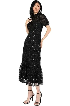 Maya Deluxe Embroidered Dress for Ladies Sequin Embellished Midaxi Floral High Neck Wedding Guest Ball Evening Cock, czarna, 10, , 38