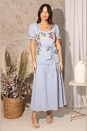 HOPE & IVY Tamara haftowana sukienka maxi z bufiastymi rękawami i kwadratowym dekoltem i wiązaniem w talii, niebieska, UK16, , 42